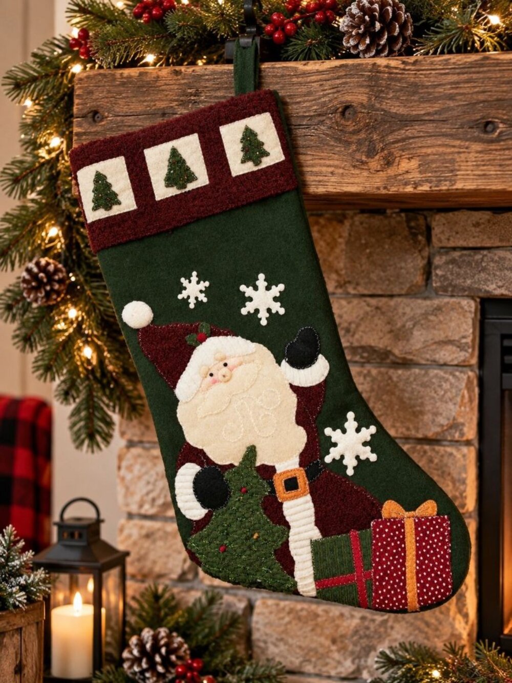 Holiday Time Fleece Santa Christmas Tree Green Stocking Snowflakes Country